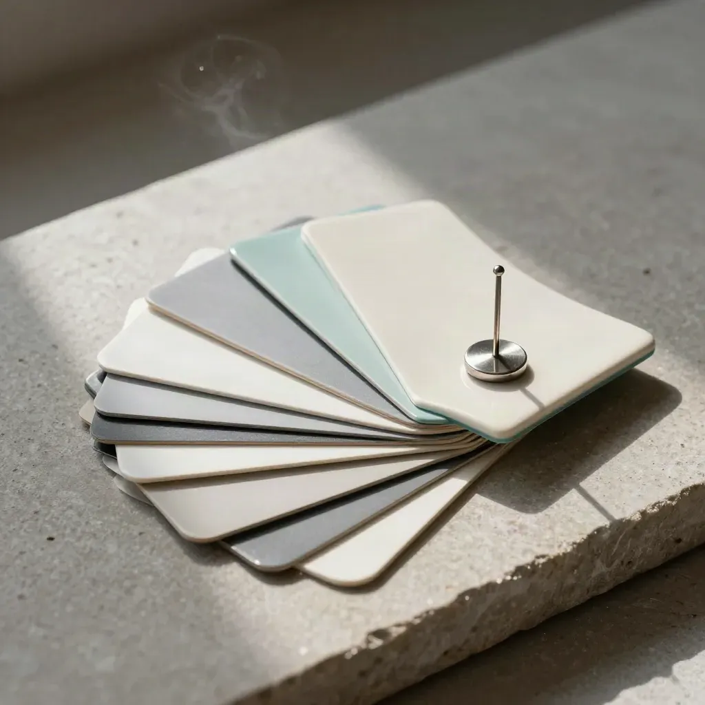 Macro still life of merchandising sample swatches, a ceramic chip, and a steel weight on stone.