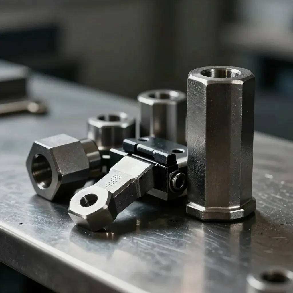 Graphite machine parts and spacers on brushed metal, lit dramatically in a tight industrial still life.