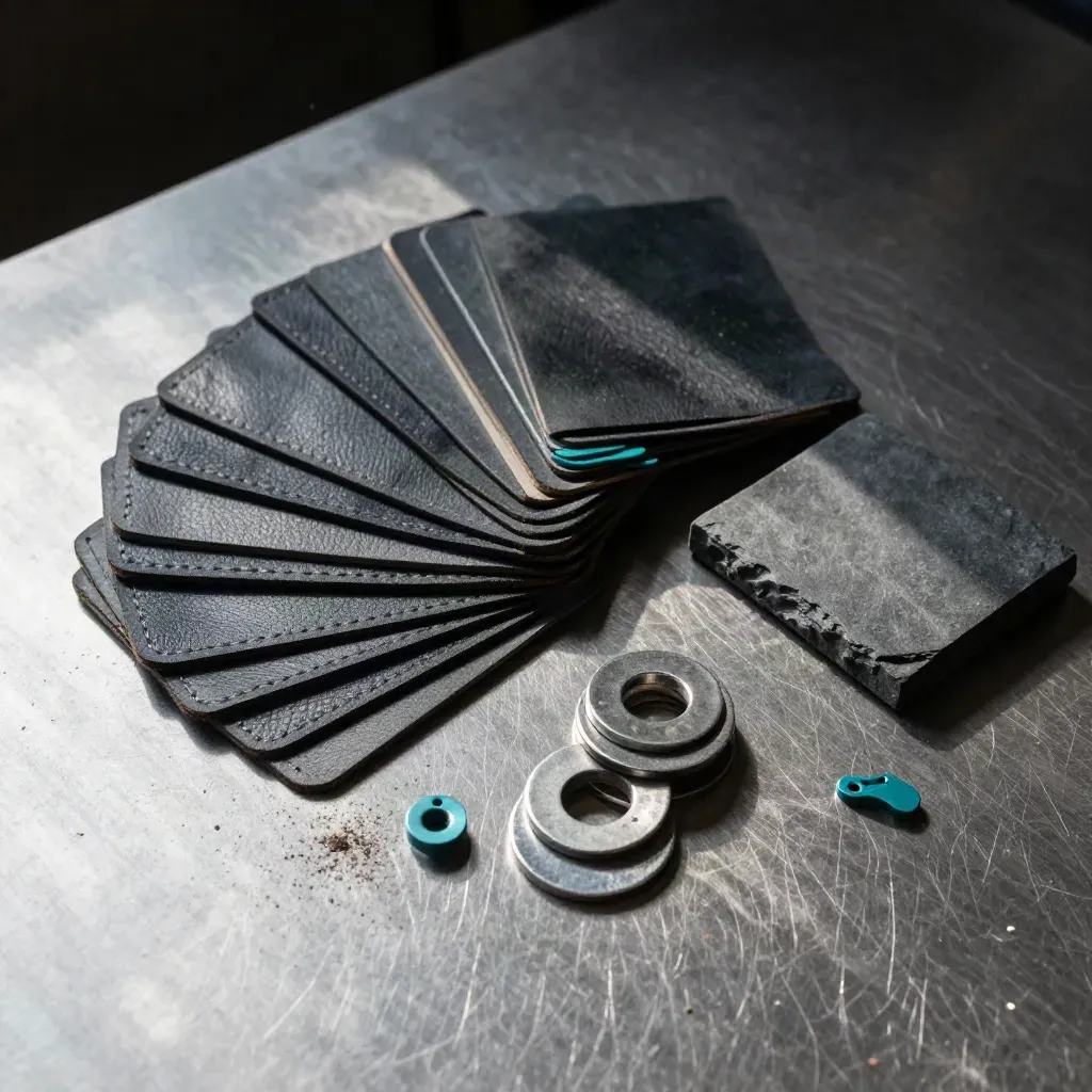 Overhead flat lay of leather swatches, steel washers, and slate on brushed metal.