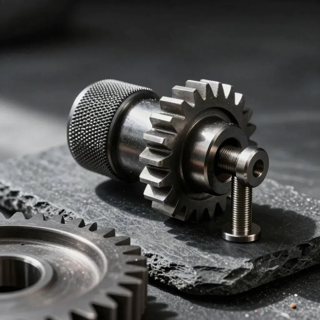 Gear blanks, a knurled knob, and steel pins on graphite stone, lit with dramatic black falloff.