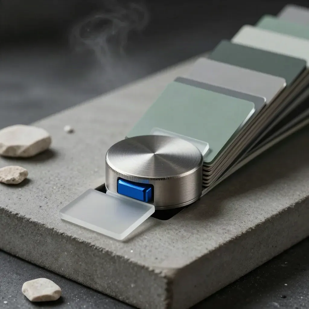 Brushed selector dial with slate cards and a blue locator block on misty concrete