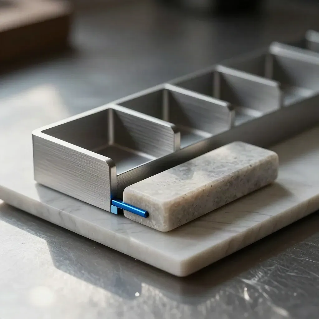 Aluminum desk organizer parts, cable clips, and stone paperweight on travertine