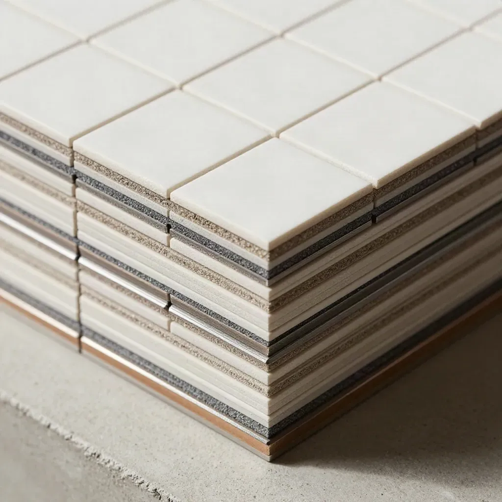 Macro still life of grid tiles, shims, and a machined corner brace on concrete.