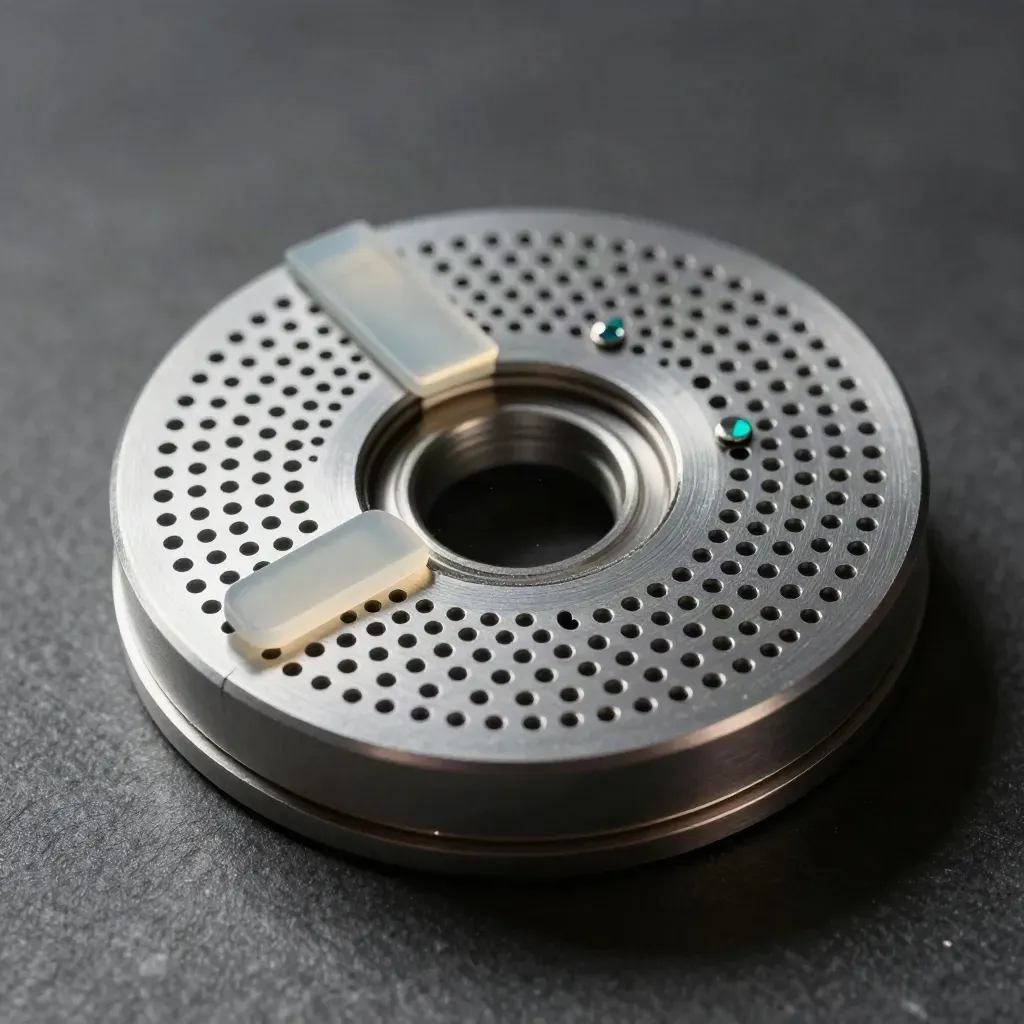 Macro of a perforated selector wheel with acetate tabs and steel spacers on graphite.
