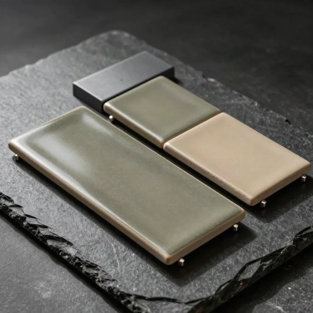 Two ceramic sample tiles and a divider block on a dark stone slab