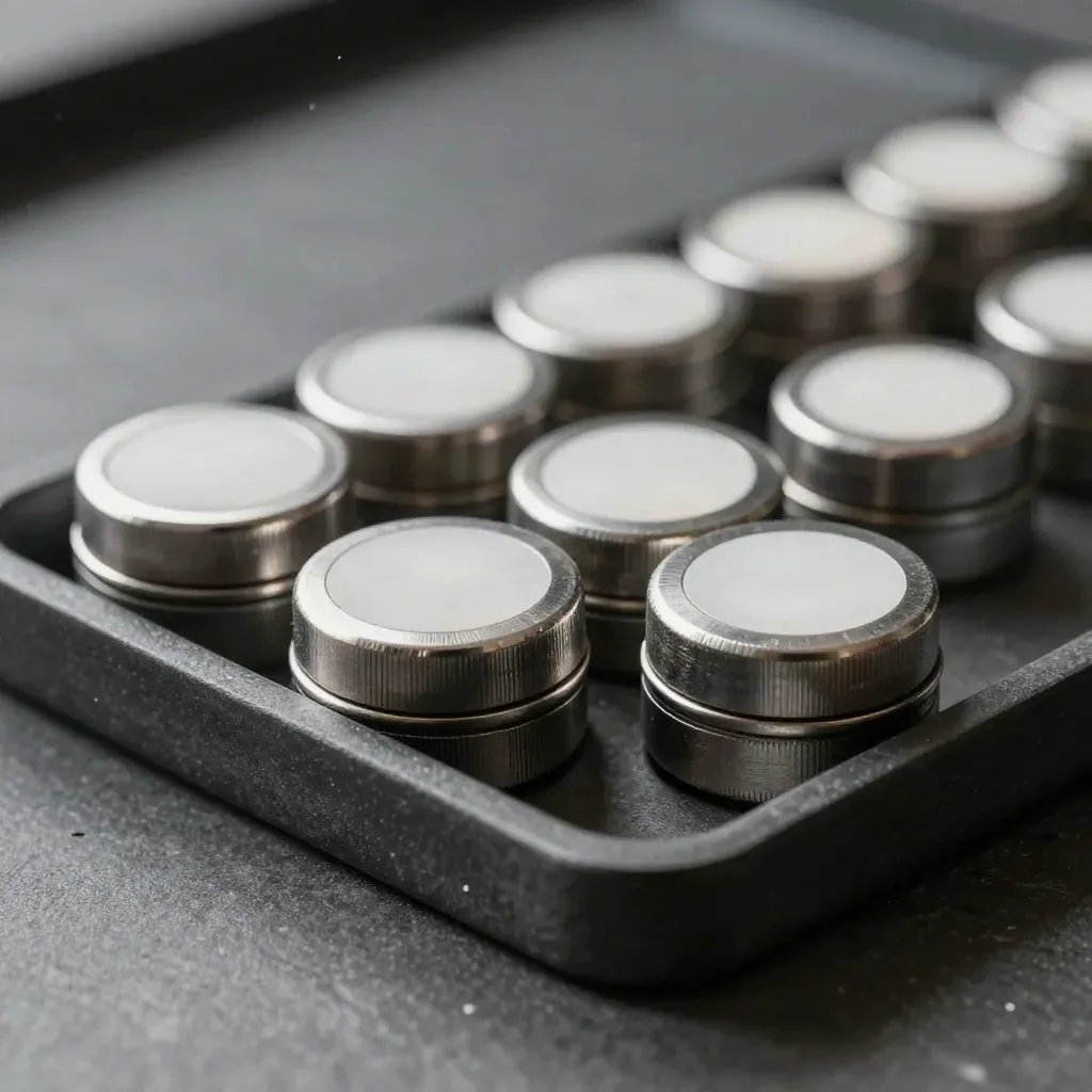 Brushed metal ranking pucks lock into a stepped tray with a bright white top marker.