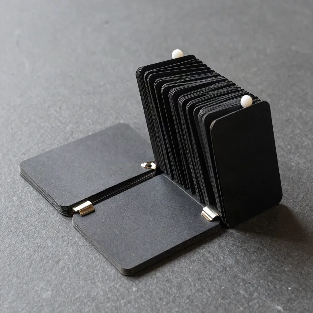 Matte black folding decision cards with hinges and white route pins on graphite stone