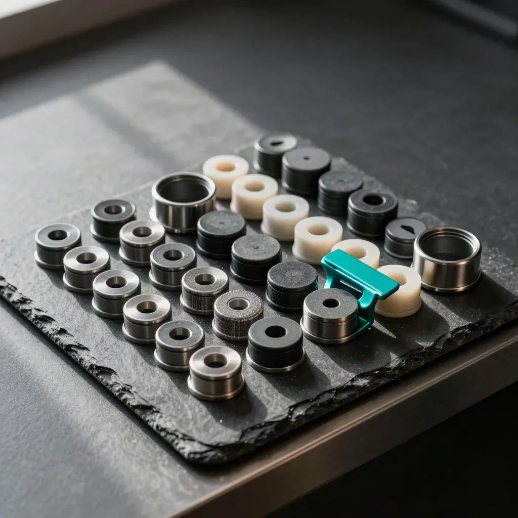 Top-down still life of filter chips, spacer rings, and a teal clip on slate