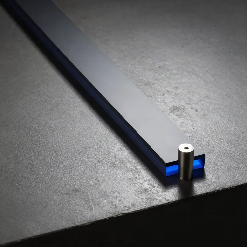 Overhead still life of guide blocks and stop pins forming a diagonal flow path