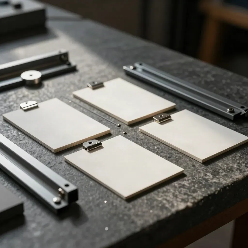 Macro still life of product review kit with clip rails, sample cards, and magnets on graphite stone.