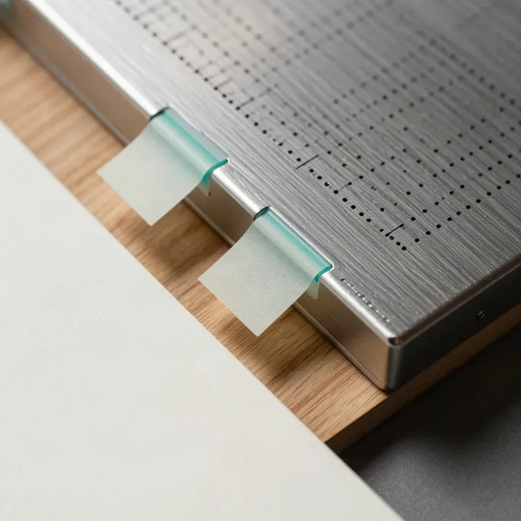 Macro of layout tabs, steel corner blocks, and a perforated grid on oak.
