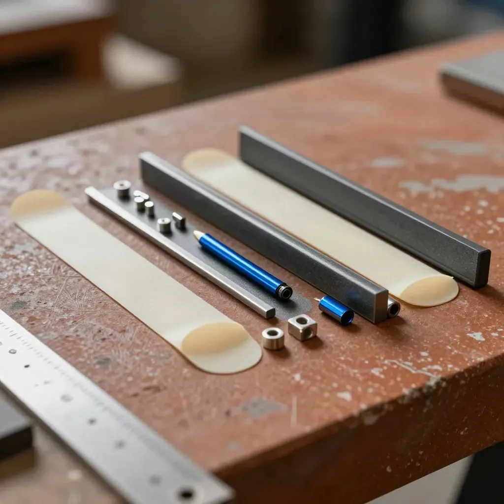 Macro of modular trim pieces, adhesive tabs and metal spacers on a dark workbench.