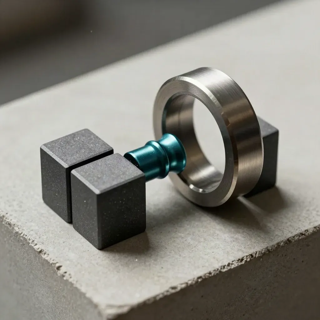 Macro still life of machined rings, coupling, and graphite blocks with a subtle teal accent.