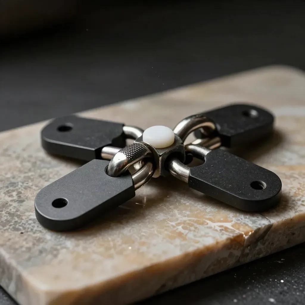 Metal links and bridge plates on warm limestone in dramatic low-key studio light.