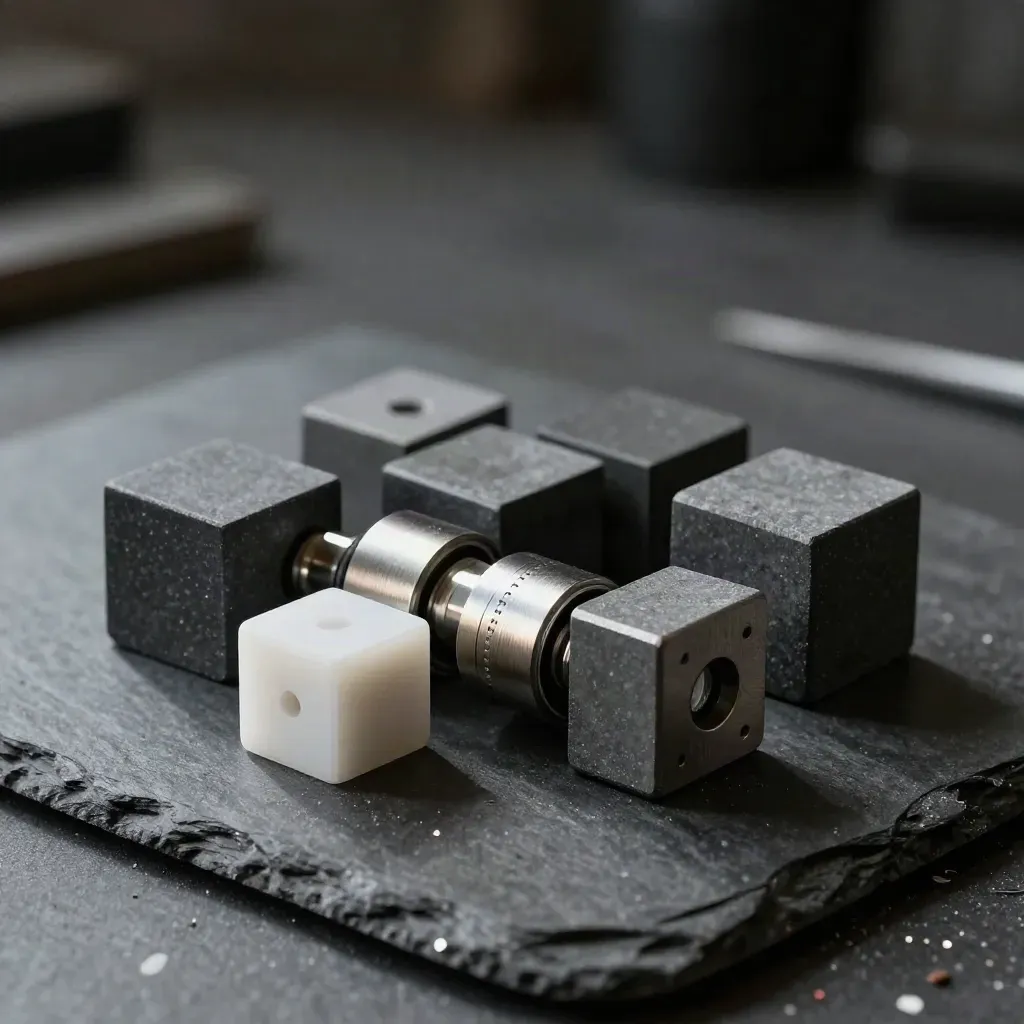 Graphite modular connectors and blocks on slate, lit like a premium editorial still life.