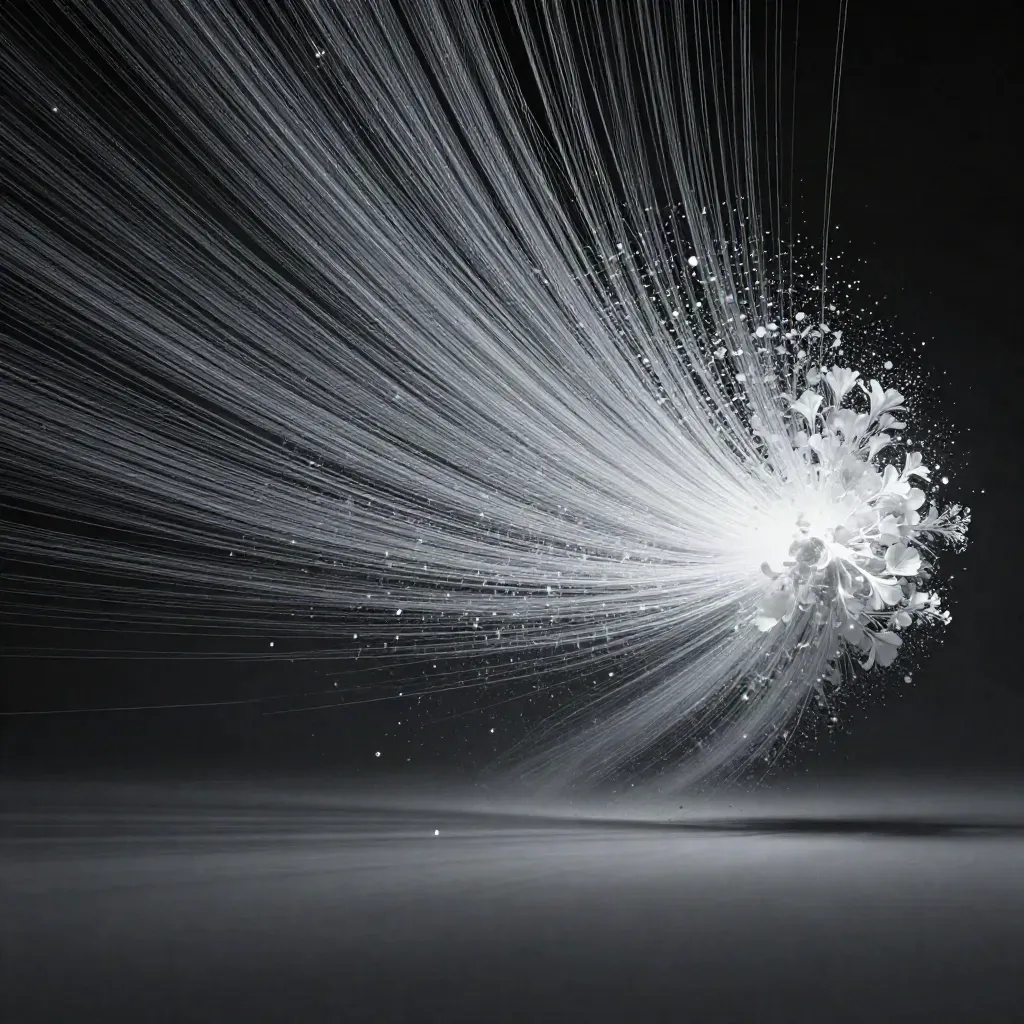 Silver filaments converge into a soft white bloom in dark graphite space.