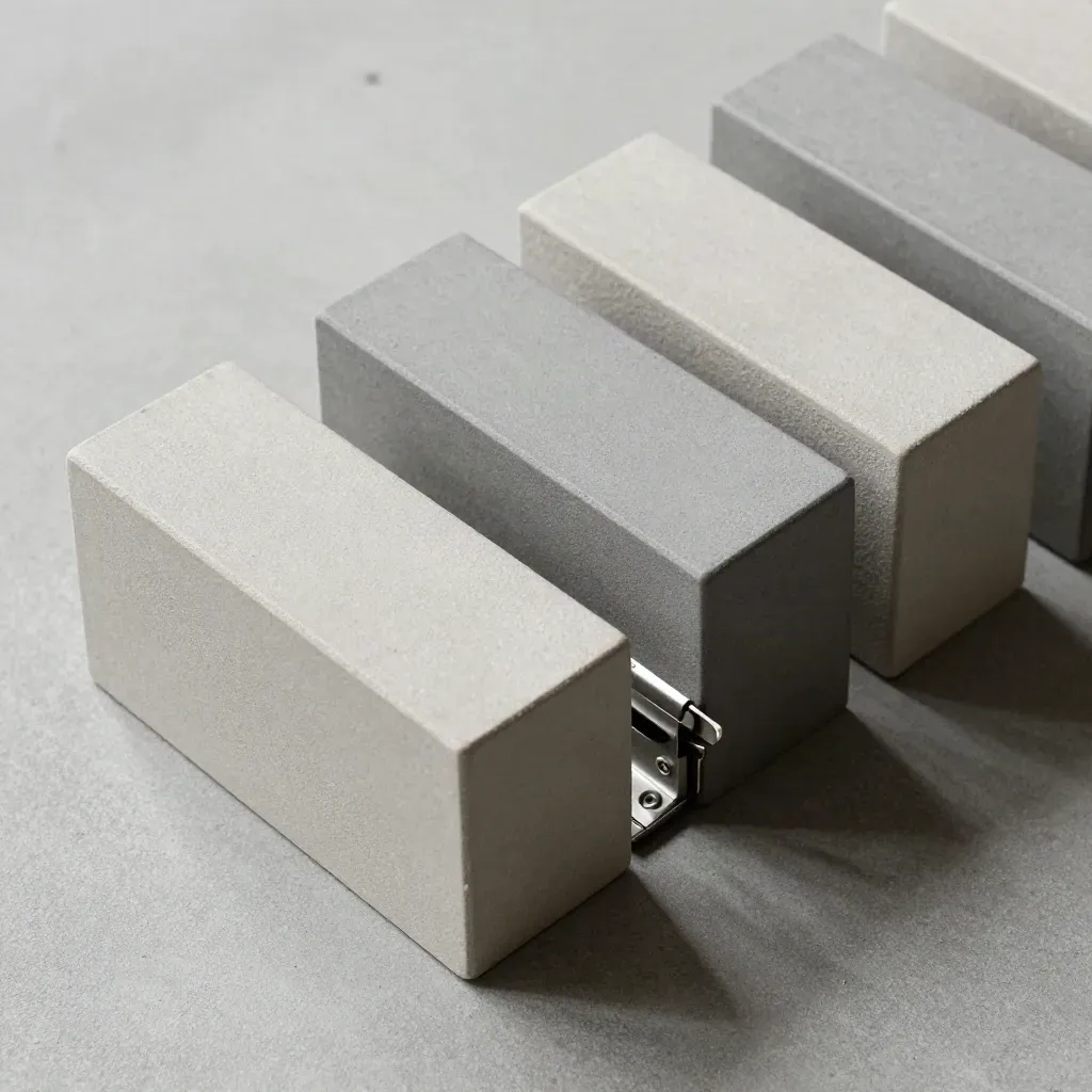 Ceramic blocks and a steel hinge on concrete, diagonally lit in moody top-down macro.